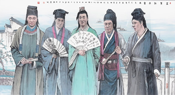 王余根博士经典人物画《五贤江南会》 王余根博士经典人物画《五贤江南会》